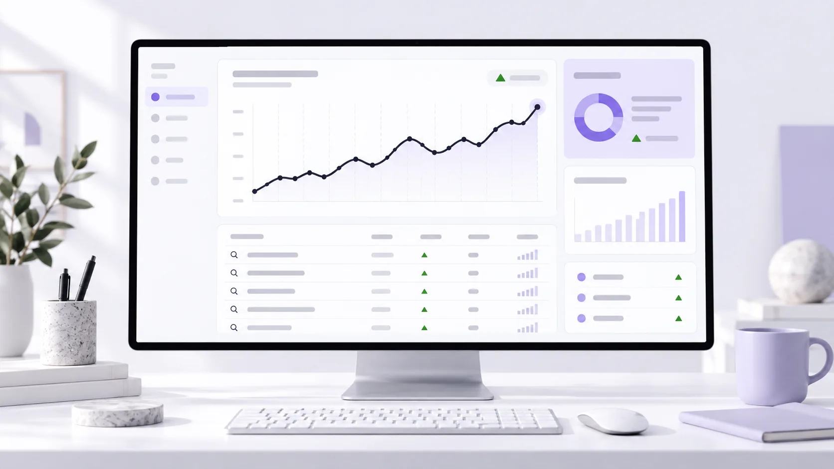 SEO analytics dashboard with a rising ranking chart and search query table