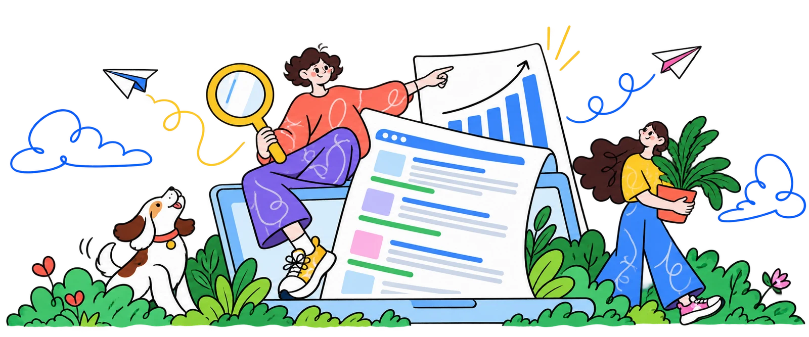 Hand-drawn search explorers discovering opportunities around a giant laptop, surrounded by leafy plants and paper airplanes