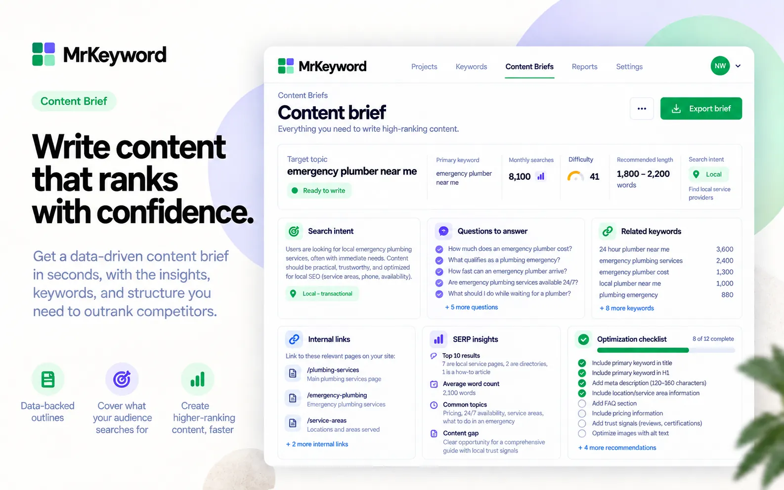 AI content brief with keyword demand, search intent, questions, related keywords and an optimization checklist