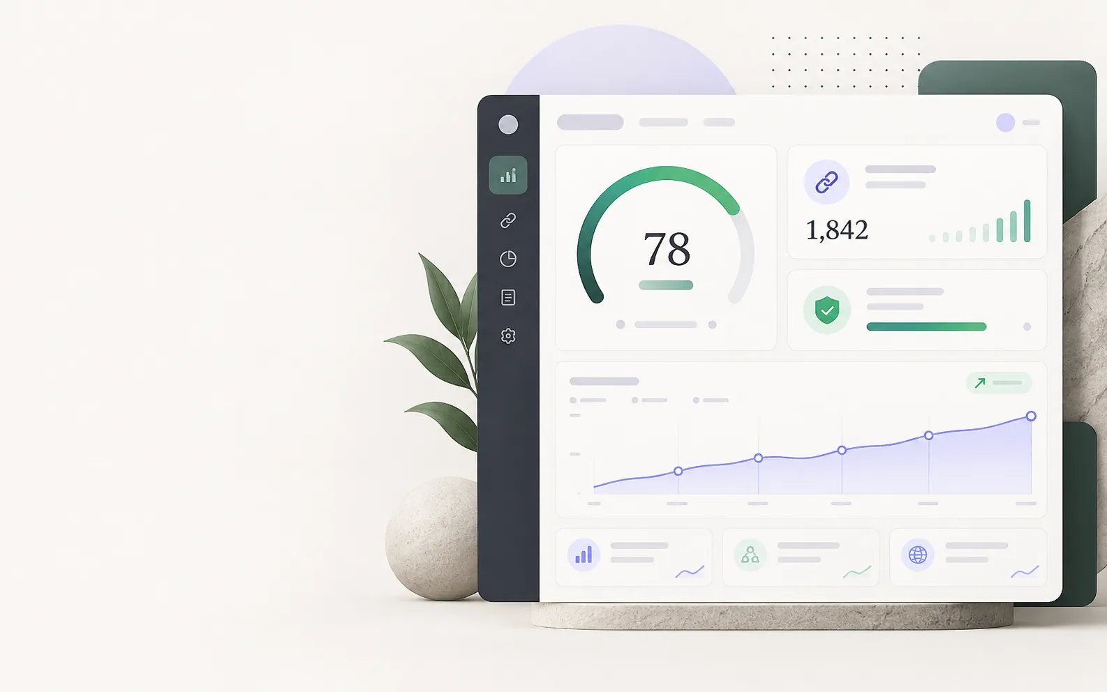 Domain authority visual with gauge, link trend and confidence indicator