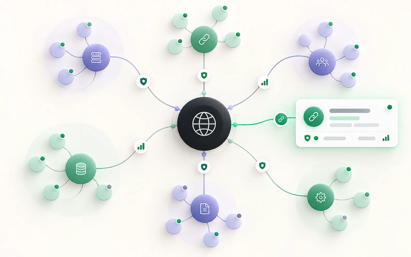 Link graph visual connecting a domain to referring domains and a highlighted new-link card