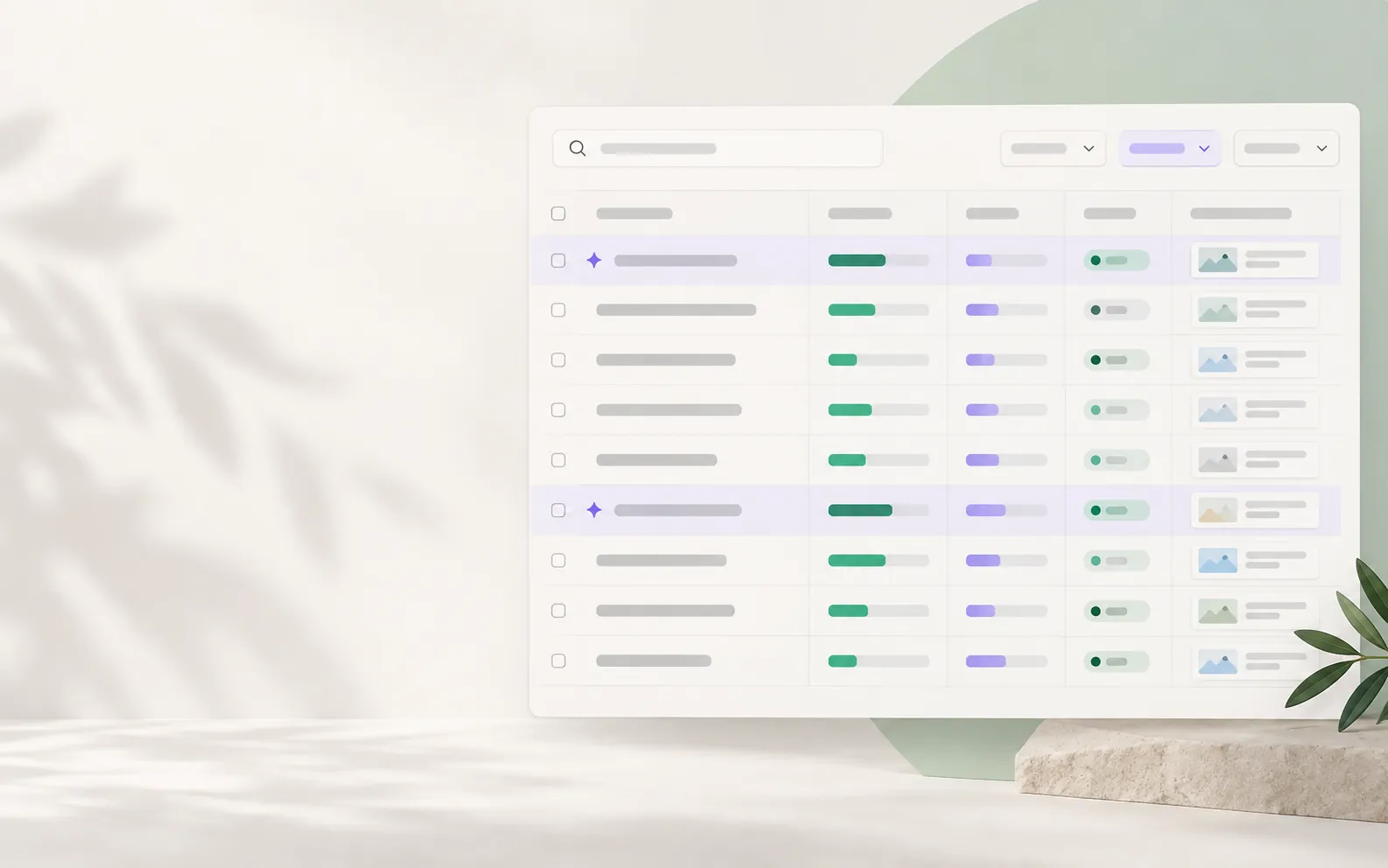 Keyword opportunity table with highlighted query rows, intent chips and search metrics