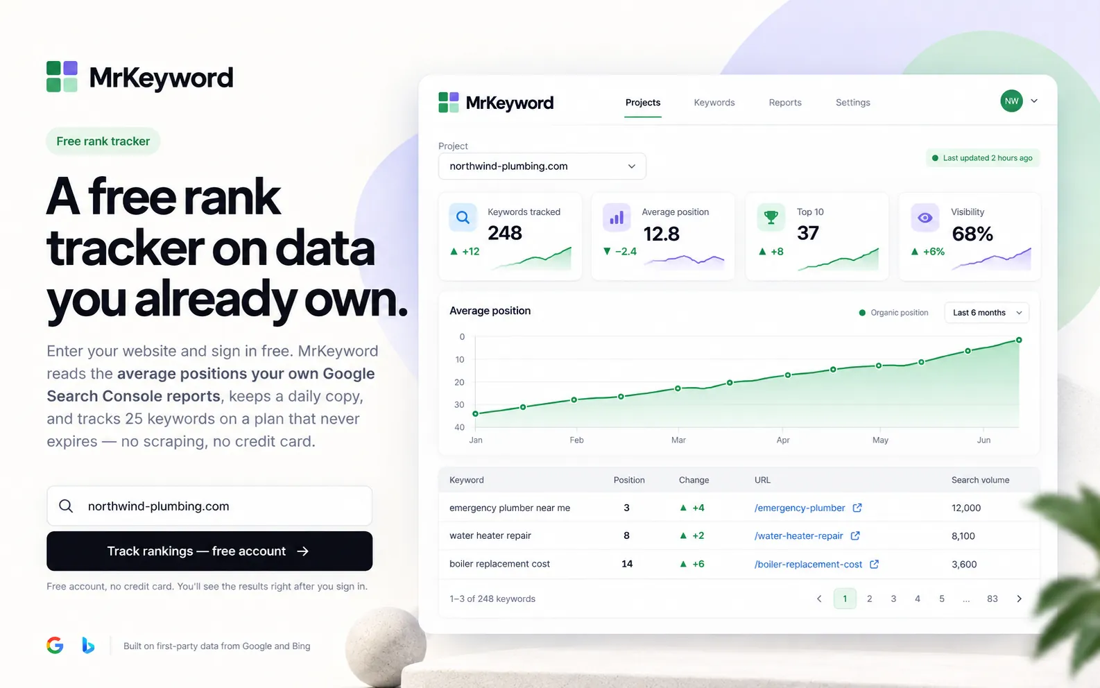 Illustrated rank tracking dashboard with a rising organic position chart and compact SEO metrics