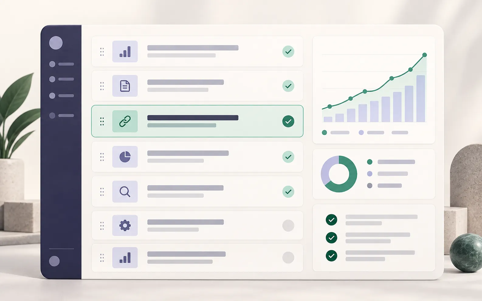 SEO report outline visual with selected sections, performance chart and checklist