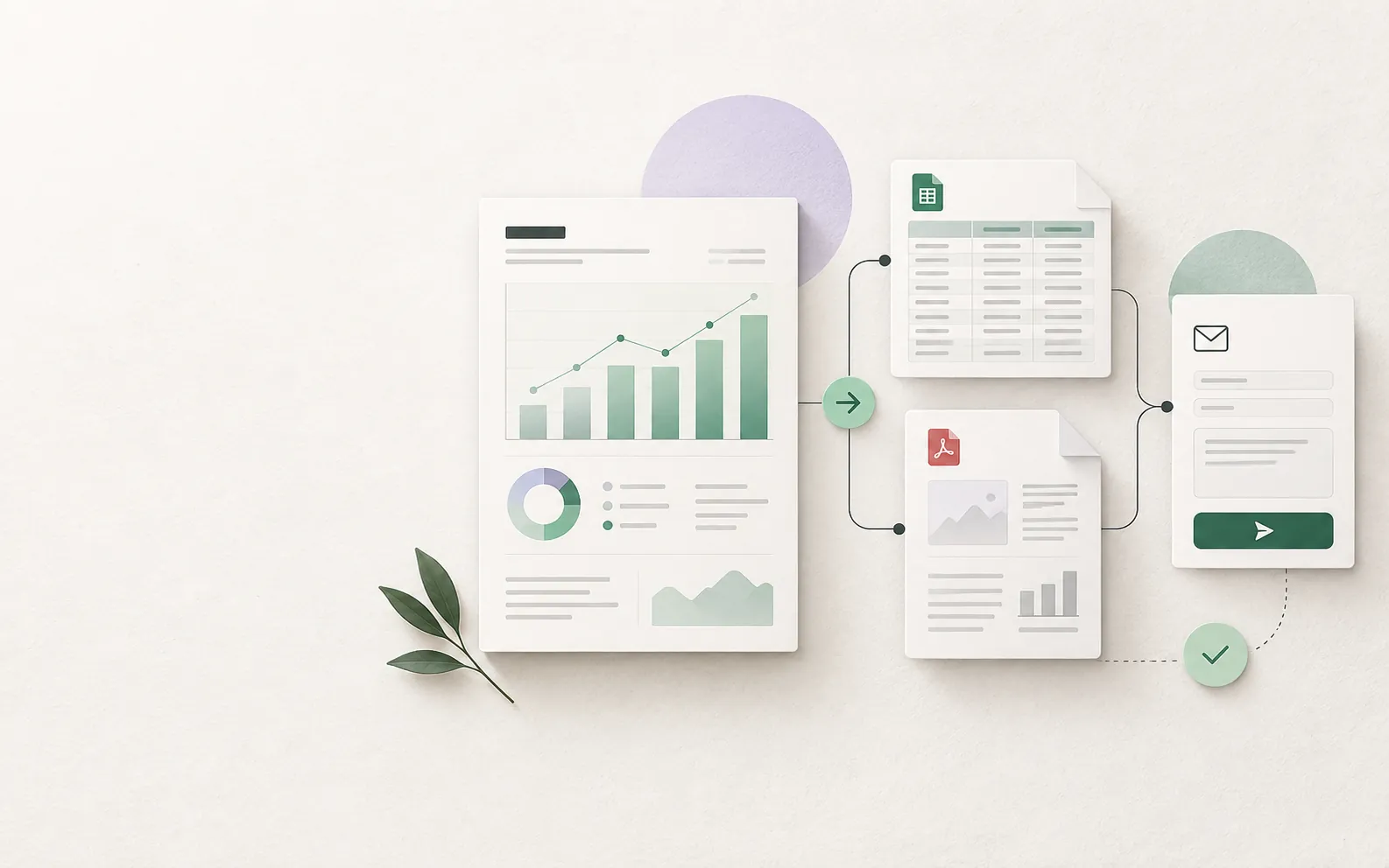 Report export workflow connecting a document, CSV grid, PDF sheet and email delivery panel