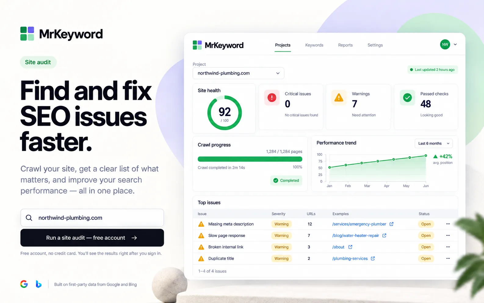 Technical SEO audit visual with a site health score, grouped issues and crawl paths