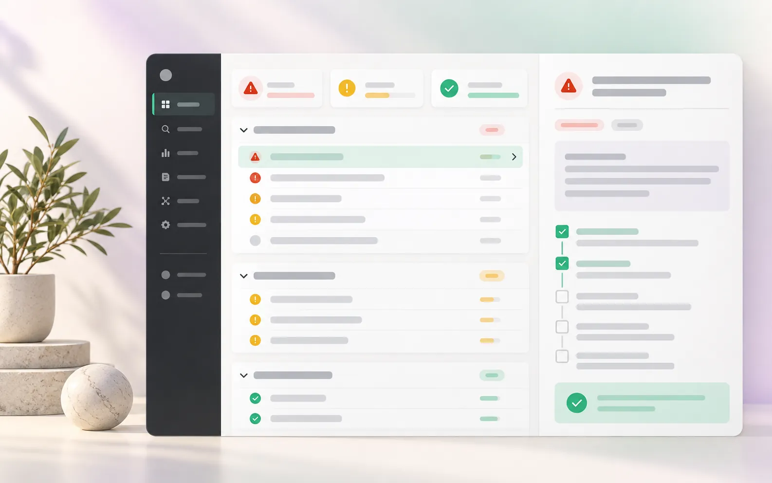 Technical SEO issue triage visual with severity markers and a selected fix checklist